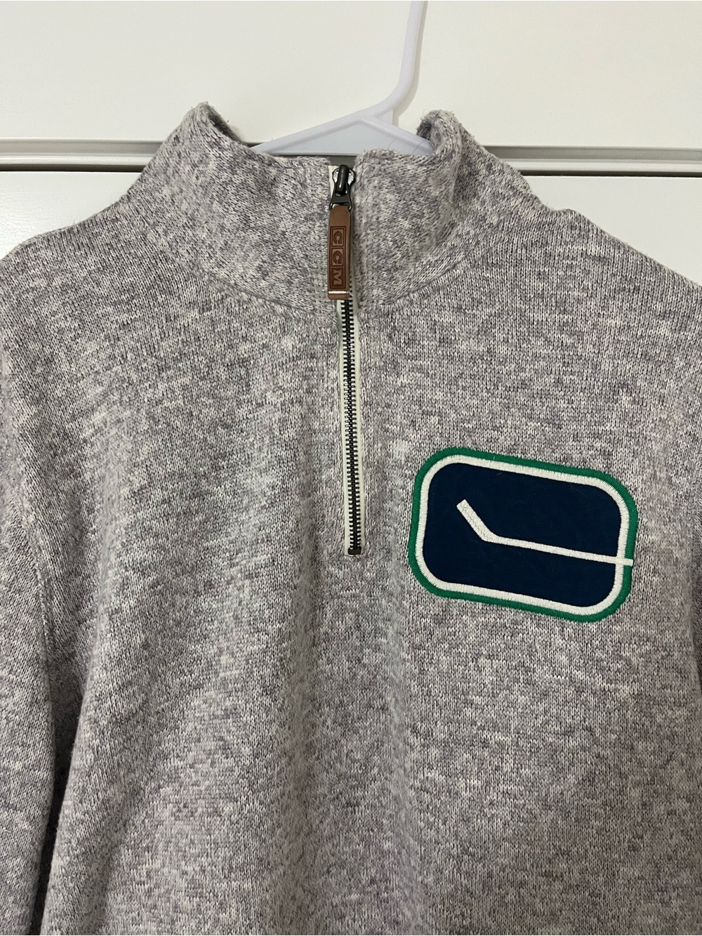 CCM Gray Quarter-Zip Sweater with Navy & Green Canucks logo Patch